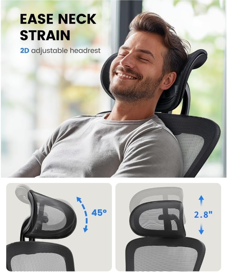 NOBLEWELL Ergonomic Office Chair with Padded Lumbar Support, 2D Headrest, Adjustable Armrests, Upgraded Contoured Seat Cushion, 130° Rocking Tilt