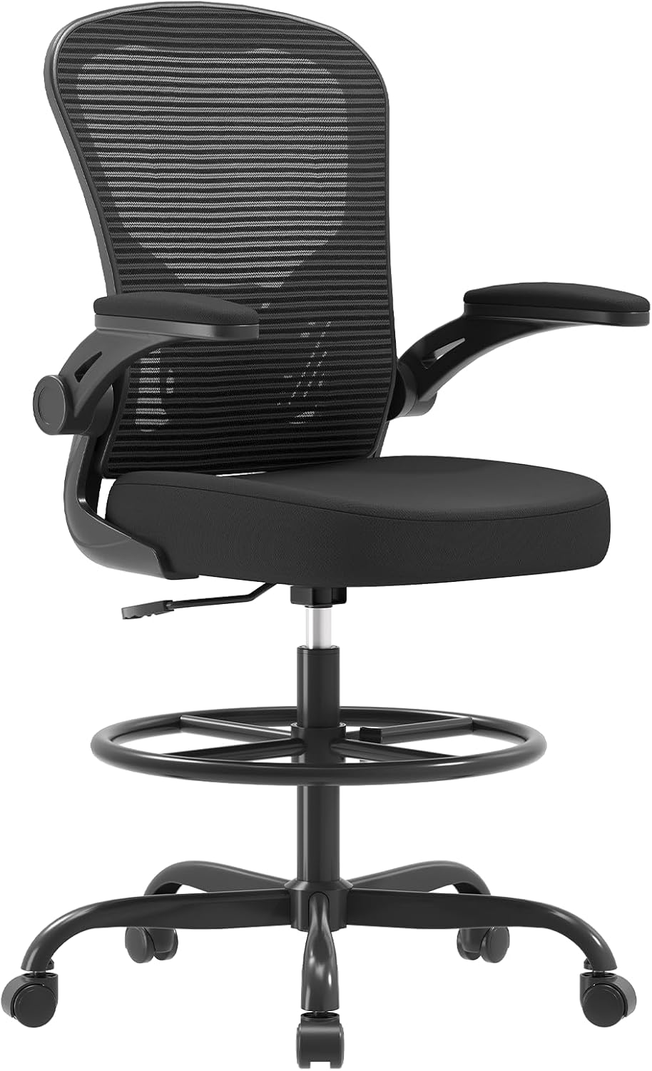 Ergonomic Drafting Chair, Tall Office Chair with Flip-up Armrests, Breathable Mesh High Desk Chair with Lumbar Support Adjustable Footrest Ring for
