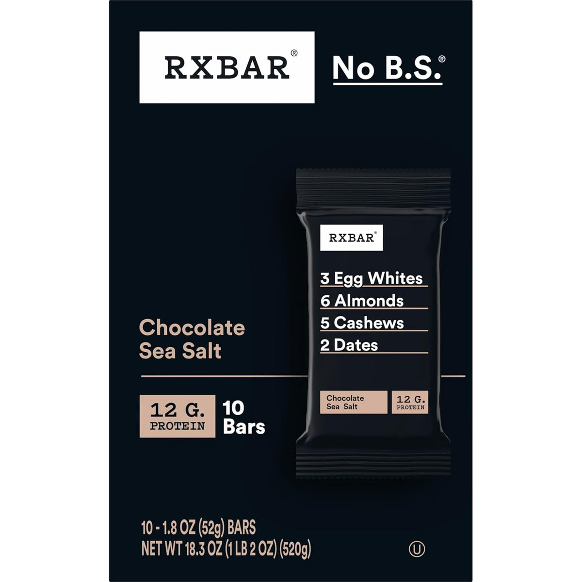 RXBAR Protein Bars, Protein Snack, Snack Bars, Chocolate Sea Salt, 18.3oz Box (10 Count)
