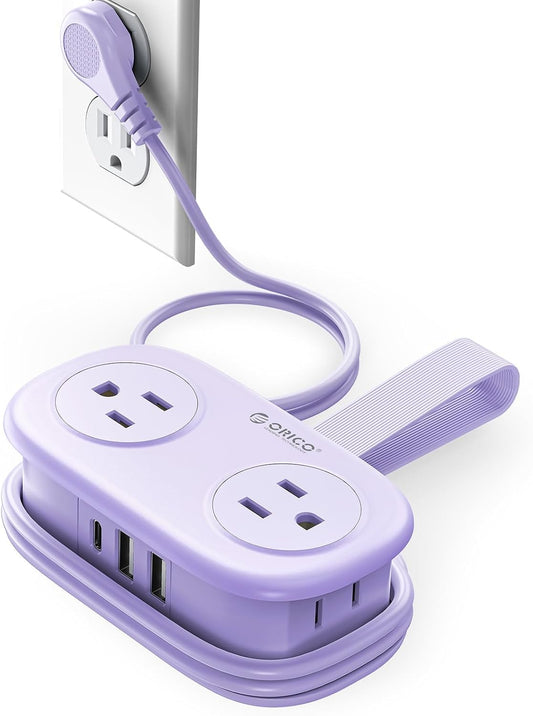 ORICO 4FT Purple Travel Power Strip with 4 AC Outlets, 2 USB-A Ports, and 1 USB-C Port, 45° Flat Plug Extension Cord with Non Surge Protector
