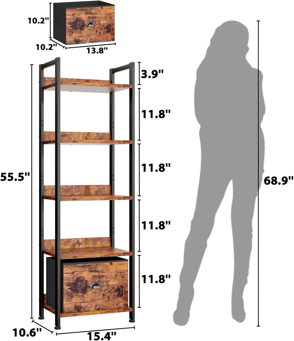 Furologee 5 Tier Bookshelf with Drawer, Tall Narrow Bookcase with Shelves, Wood and Metal Bookshelves Storage Organizer, Industrial Display Standing