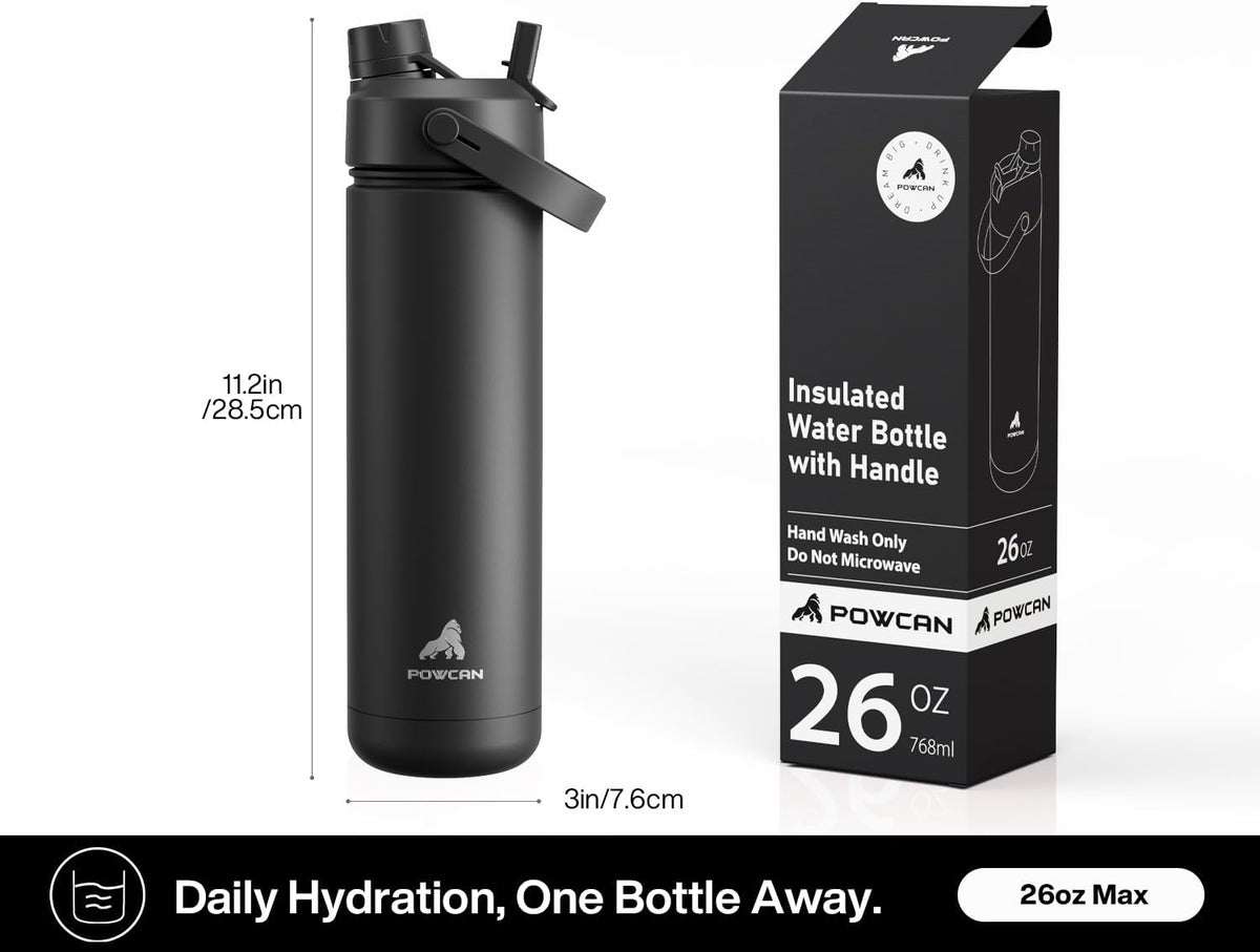 POWCAN 26 oz Insulated Water Bottle with 2-in-1 Straw and Spout Lid, Keep Cold 24H, Leak-Proof, Fits in Car Cup Holder, Stainless Steel Water Bottle