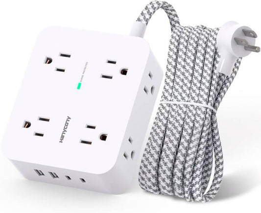 Surge Protector Power Strip - HANYCONY 8 Outlets 4 USB (2 USB C) Charging Ports, Multi Plug Outlet Extender, 5Ft Braided Extension Cord, Flat Plug