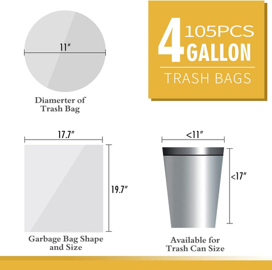 105 Count Small Trash Bags, 4 Gallon Garbage Can Liners - Unscented Wastebasket Trash Bags for Bathroom, Kitchen, Bedroom, Cleaning Supplies (15