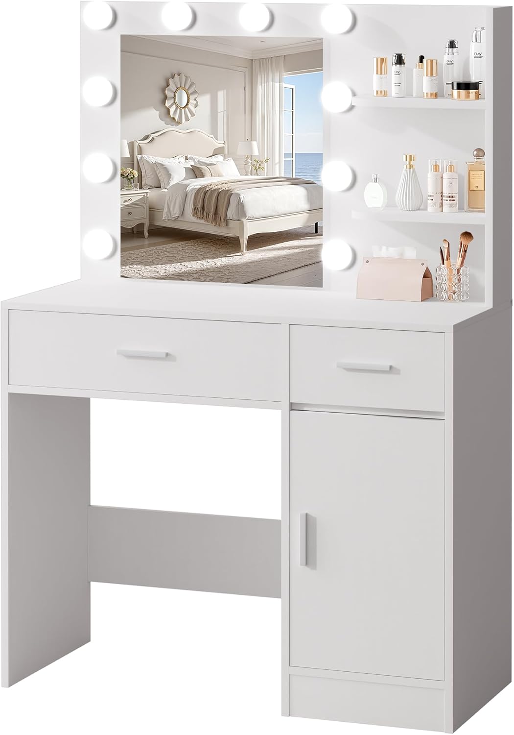 Lighted Makeup Vanity Desk, 35.4“W x 15.7'”D x 54“H, White (with Lights and Mirror, Dimming Function, 2 Drawers and 1 Cabiniet, Open Shelves) by