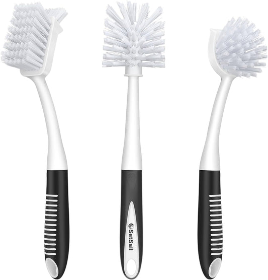 SetSail Dish Brush Set of 3 with Bottle Brush, Dish Scrub Brush with Long Handle Deep Cleaning Handle Brush with Scraper Tip for Kitchen Sink Dishes