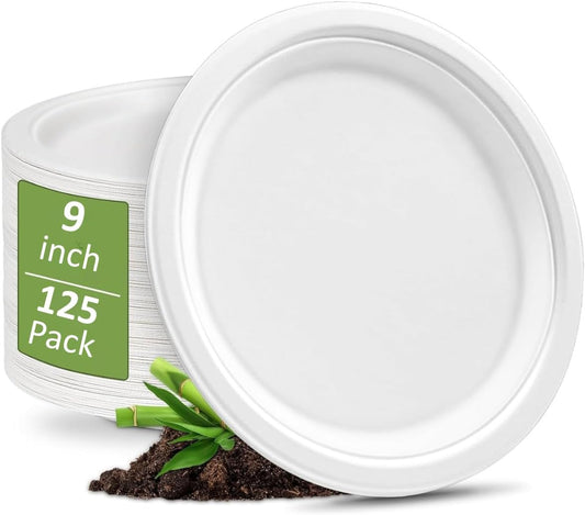 100% Compostable 5X Stronger Round 9-Inch 125 Count & 10-Inch 150Count Paper Plates| Disposable Biodegradable Bagasse Microwave-Safe, Soak-Proof, Cut