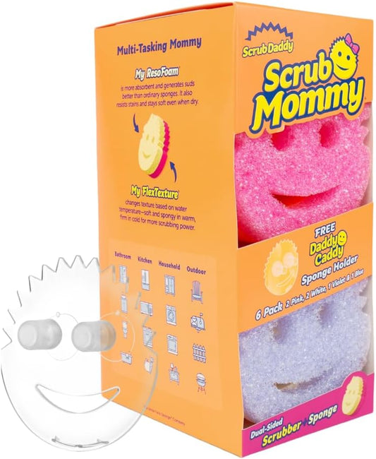 Scrub Daddy 6 Scrub Mommy Kitchen Sponges & 1 Daddy Caddy Sponge Holder - Scratch-Free for Dishes & Multipurpose Cleaning - BPA Free & Made with