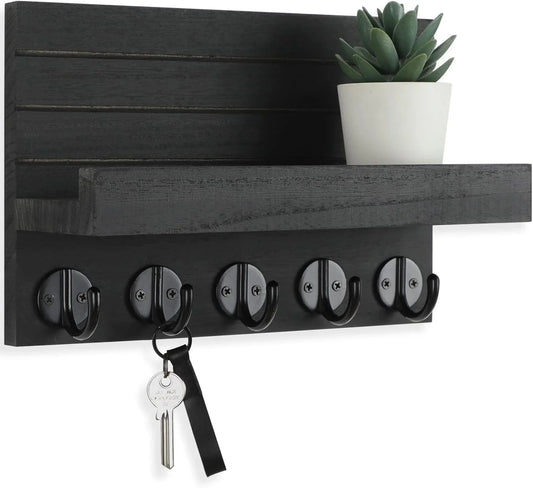 Wall Key Holder with Shelf, Hooks for Bags & Coats, Paulownia Wood, 9.8 x 6.7 x 4.2 - Cart Shape