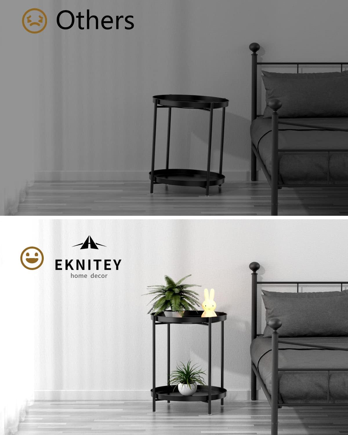 EKNITEY 2 Tier End Table - Metal Side Table Waterproof Small Sofa Coffee Side Tables Bedroom Indoor Outdoor with Removable Tray for Living Room