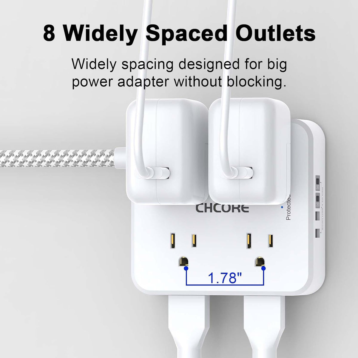 Surge Protector Power Strip - CHCORE 5Ft Braided Extension Cord with 8 Outlets with 4 USB (2 USB C) Charging Ports, Flat Plug Multi Plug Outlet