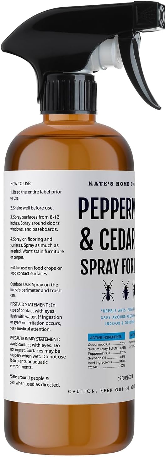 Kate's Home & Garden Peppermint Oil Spray for Bugs, Ants, Insects, Spiders. Pesticide and Insecticide Indoor Repellent Pest Control with Cedarwood