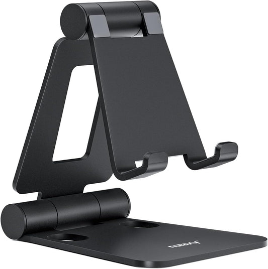 Nulaxy Dual Folding Cell Phone Stand, Fully Adjustable Foldable Desktop Phone Holder Cradle Dock Compatible with iPhone 17 16 15 14 13 12 11 Pro Max