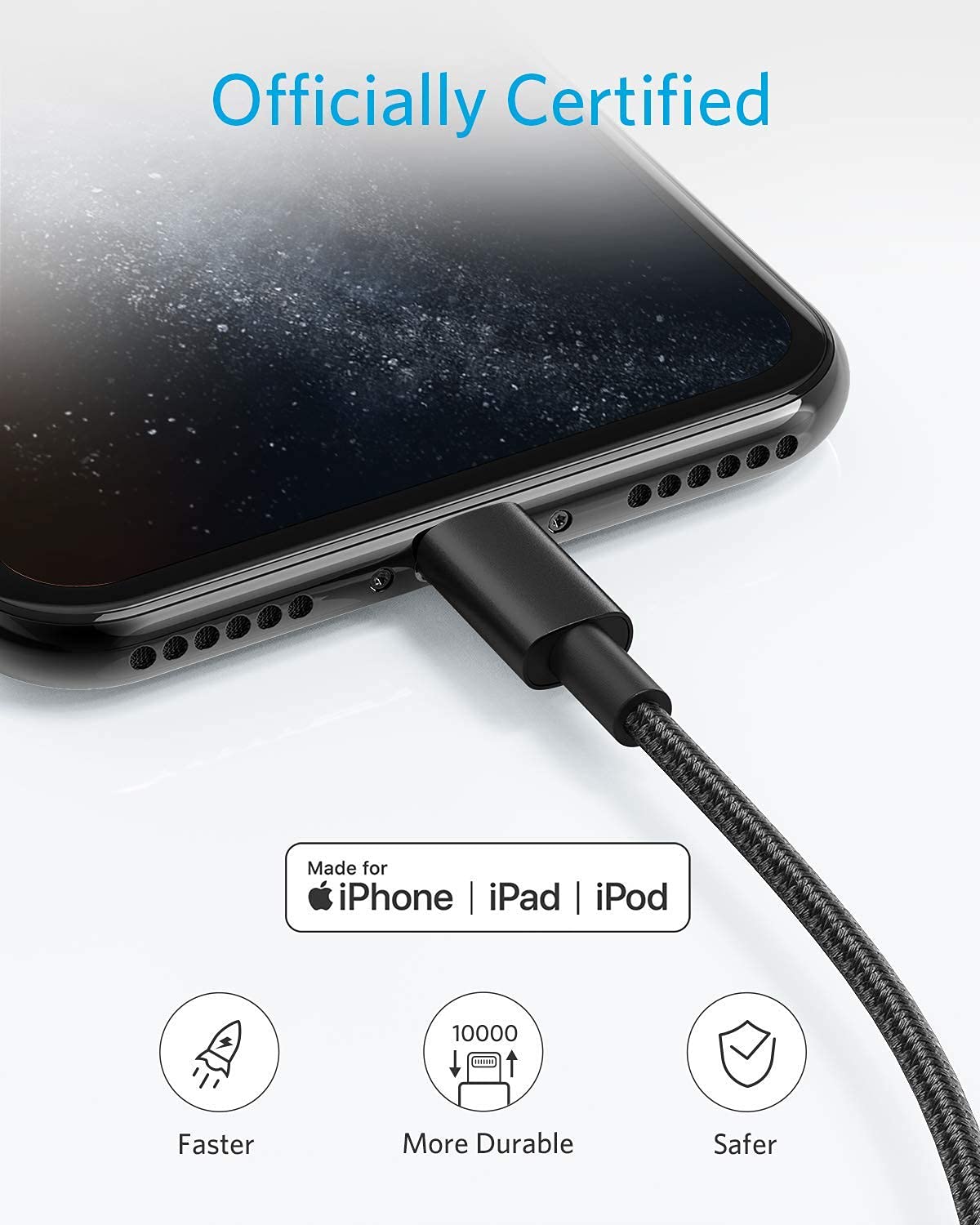 Anker 6 ft Premium Double-Braided Nylon Lightning Cable, Apple MFi Certified for iPhone Chargers, iPhone X/8/8 Plus/7/7 Plus/6/6 Plus/5s, iPad, iPad