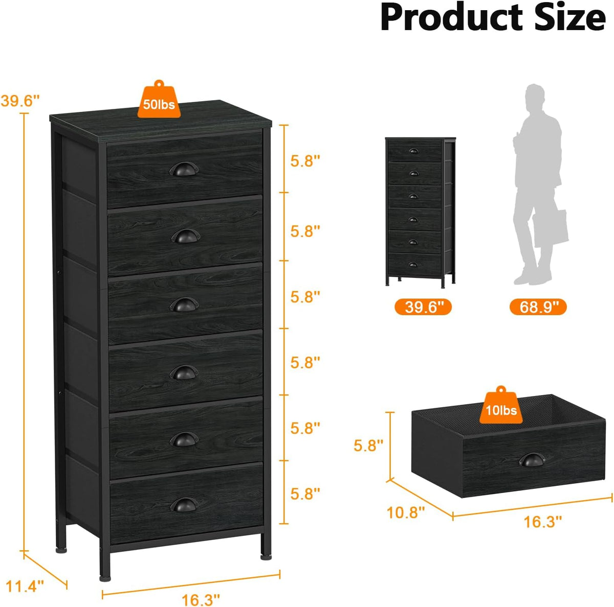 Furnulem Tall Dresser with 6 Drawers,Vertical Bedside End Table & Chest for Bedroom,Black Storage Tower Dorm Nightstand with Fabric Drawer Organizer