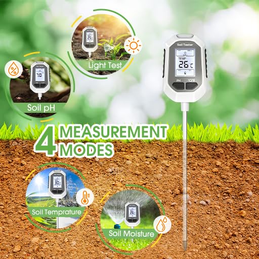 4-in-1 Soil Moisture Meter, Digital Plant Temperature/Soil Moisture Test & PH Meter/Sunlight Intensity, Backlight LCD Display for Gardening, Farming