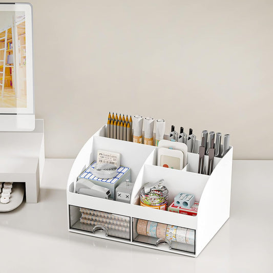 Desk Organizer with 6 Compartments and 2 Drawers, Plastic Makeup Organizer, Pen Holder for Desktop Storage, Desk Organization for School, Home