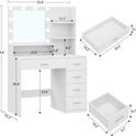 Quimoo Vanity Desk with Mirror & Lights, Makeup Vanity with 5 Drawers & Storage Shelves, White Vanity Table, 3 Color Modes & Adjustable Brightness