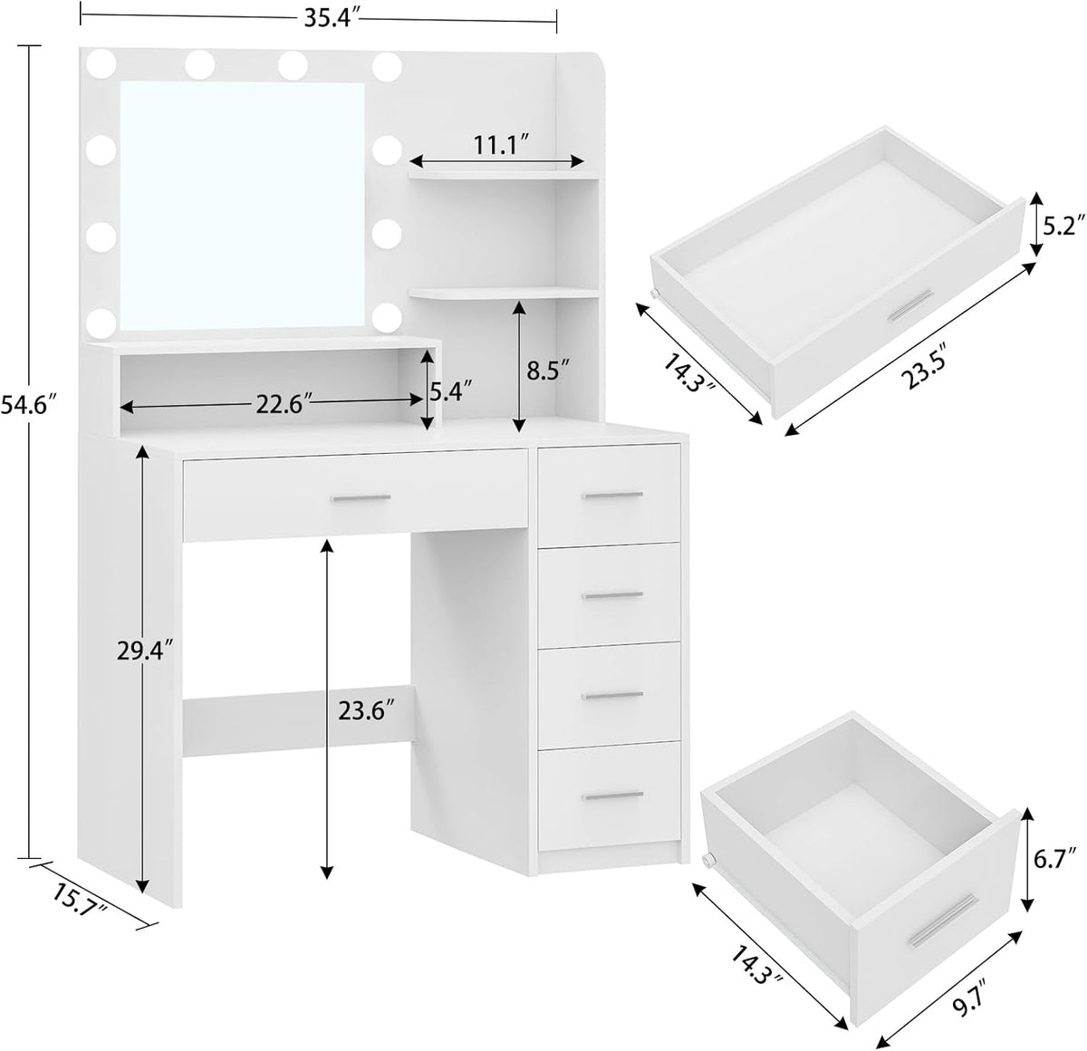 Quimoo Vanity Desk with Mirror & Lights, Makeup Vanity with 5 Drawers & Storage Shelves, White Vanity Table, 3 Color Modes & Adjustable Brightness
