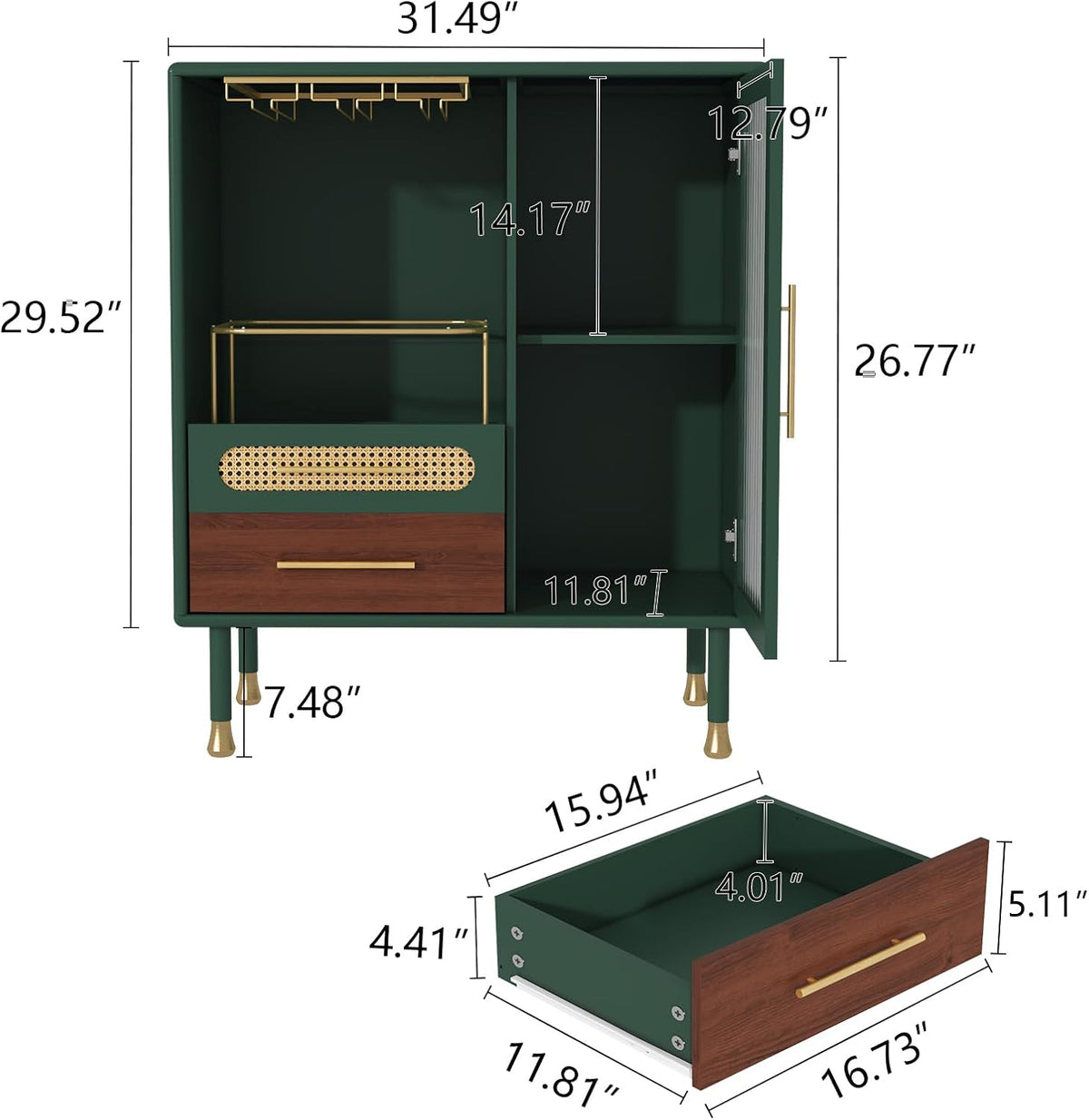 ARTPOWER Modern Coffee Bar Cabinet with Wine Glass Rack and Drawers, Green Liquor Cabinet with Pull-Out Wine Storage for Kitchen, Dining Room, Living
