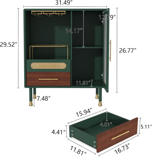 ARTPOWER Modern Coffee Bar Cabinet with Wine Glass Rack and Drawers, Green Liquor Cabinet with Pull-Out Wine Storage for Kitchen, Dining Room, Living