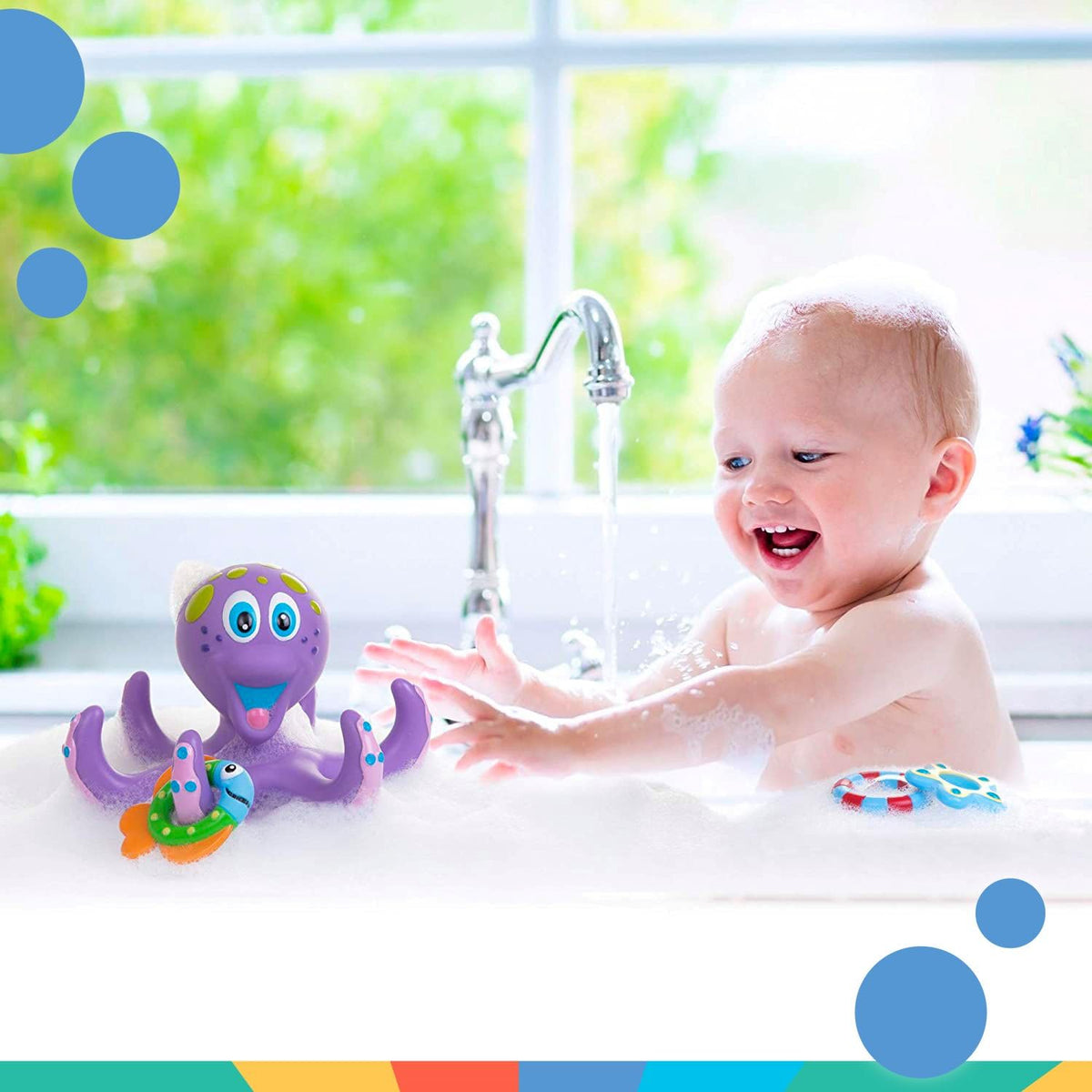 Nuby Floating Octopus with 3 Hoopla Rings - Baby & Toddler Bath Toy - No Hole Design Keeps Moisture Out - Fine Motor Skills - 18+ Months - Great Baby