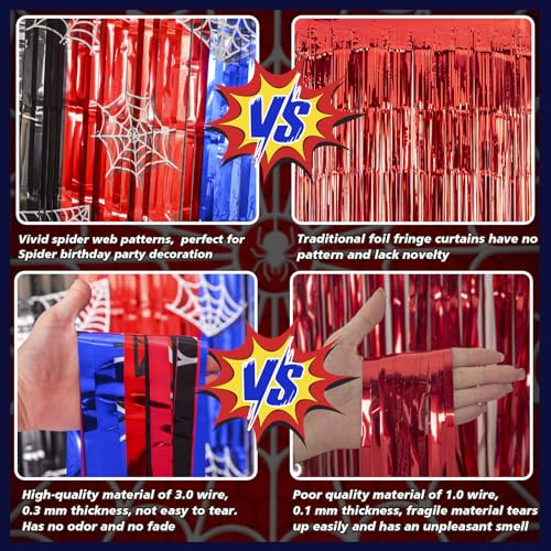 Bupelo Spider Web Birthday Decorations, 2 Pack Spider Party Supplies 3.3x6.6ft Tinsel Foil Fringe Curtains, Red Black, and Blue Photo Booth Prop