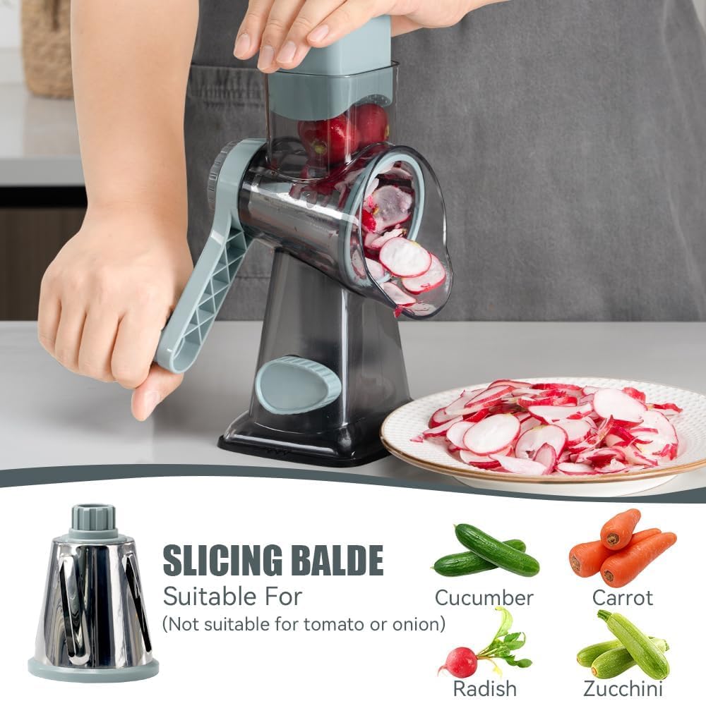 KEOUKE Rotary Cheese Grater Hand Crank Transparent - Shredder Slicer Grinder 3 Stainless Steel Blades, Stable Suction, Labor-Saving Handle, Safe