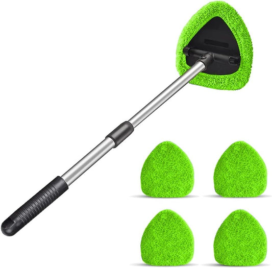 Windshield Cleaning Tool, Car Window Cleaner with 4 Washable Reusable Microfiber Pads, Extendable Long Handle Glass Wiper Cleaning Kit, Auto