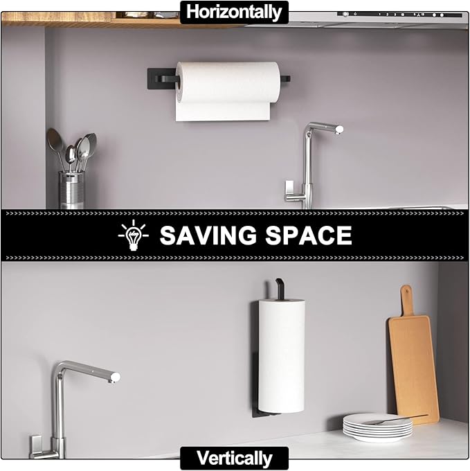 Paper Towel Holder - Self-Adhesive or Drilling, Matte Black, Upgraded Aluminum Kitchen Roll Dispenser Under Cabinet, Lighter but Stronger Than