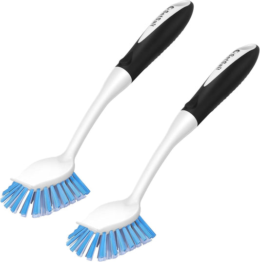 SetSail Dish Brush with Handle, 2 Pack Stiff Bristles Dish Scrubber with Built-in Scraper Dish Scrub Brushes for Cleaning Dishes, Pots and Pans