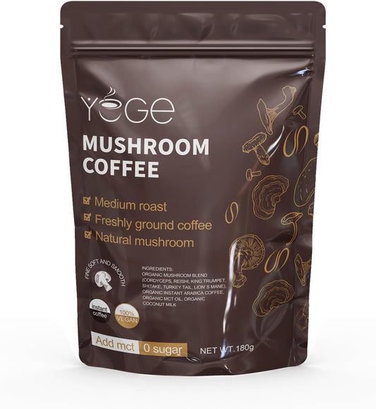 Mushroom Coffee, Instant Mushroom Coffee with Cordyceps, Reishi, King Trumpet, Shitake, Turkey Tail, Lions Mane for Energy, Focus, Positive Mood