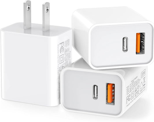 3 Pack USB C Wall Charger, 20W Durable Dual Port QC+PD 3.0 Power Adapter, Double Fast Plug Charging Block for iPhone 14/15/16/17 Pro/Pro Max/Plus