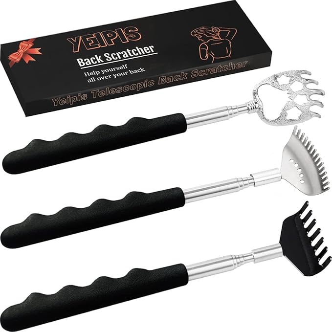 3 Pack Different Back Scratcher Metal Portable Telescoping with Rubber Handles, Extendable Back Massager Tool with Beautiful Box, Stocking Stuffers