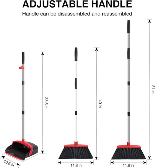 NACENA Broom and Dustpan Set, 52-in Long Adjustable Handle Broom Dustpan Combo with Dustpan Teeth to Automatically Clean Hair Suitable for Home