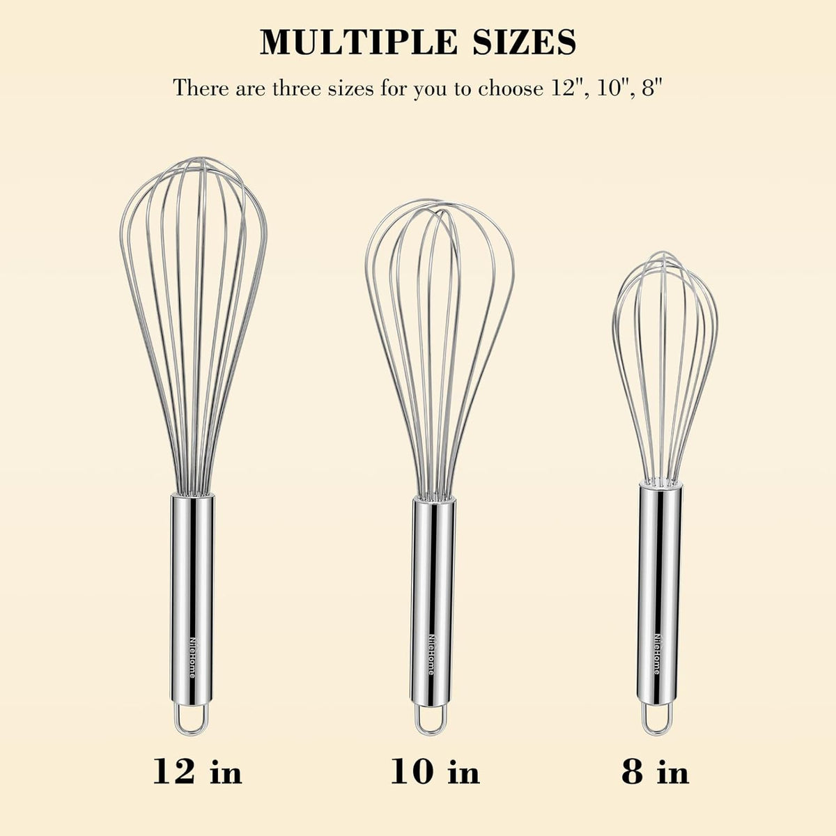 NileHome Stainless Steel Whisk Set 8" 10" 12" Kitchen Whisk Balloon Whisk Kitchen Wisk Wire Whisks for Cooking, Whisking, Blending, Beating