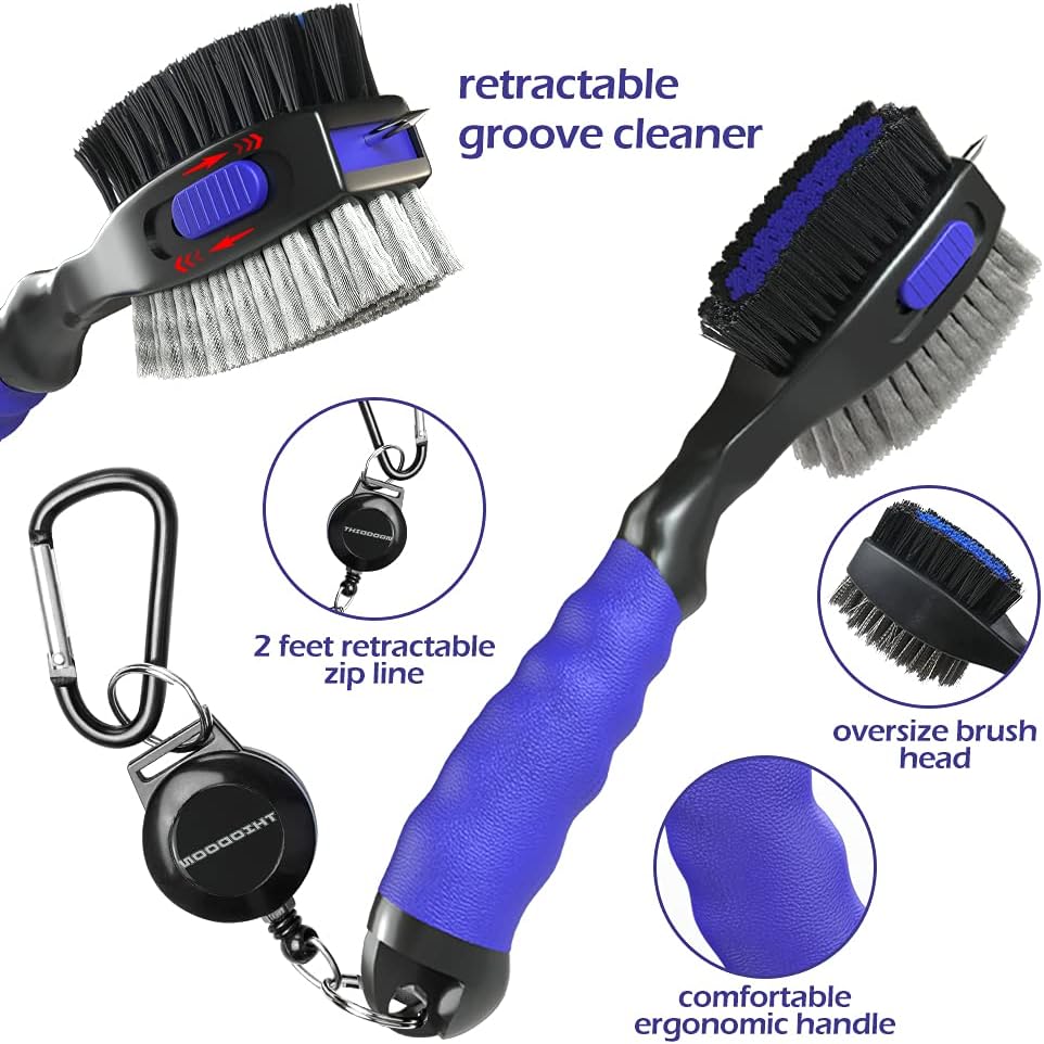 THIODOON 2 Pack Golf Club Brushes and Groove Cleaner 2 ft Retractable Zipline Carabiner Golf Brush Head with Retractable Spike Comfortable Grip Golf