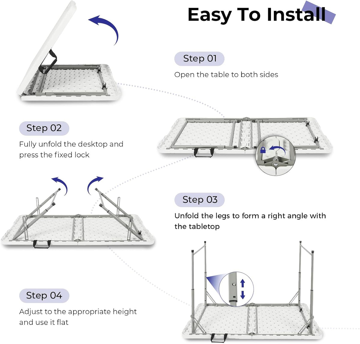 Folding Table 4 Foot Portable Heavy Duty Plastic Fold-in-Half Utility Table Small Indoor Outdoor Adjustable Height Folding with Carrying Handle
