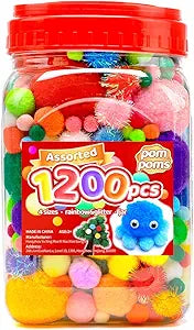 Iooleem Multi-Color Pom Poms, 1200pcs Assorted Size & Color, Pom Poms for Arts and Crafts, Pom Pom Balls with Wiggle Eyes in jar, Glitter Pom Poms