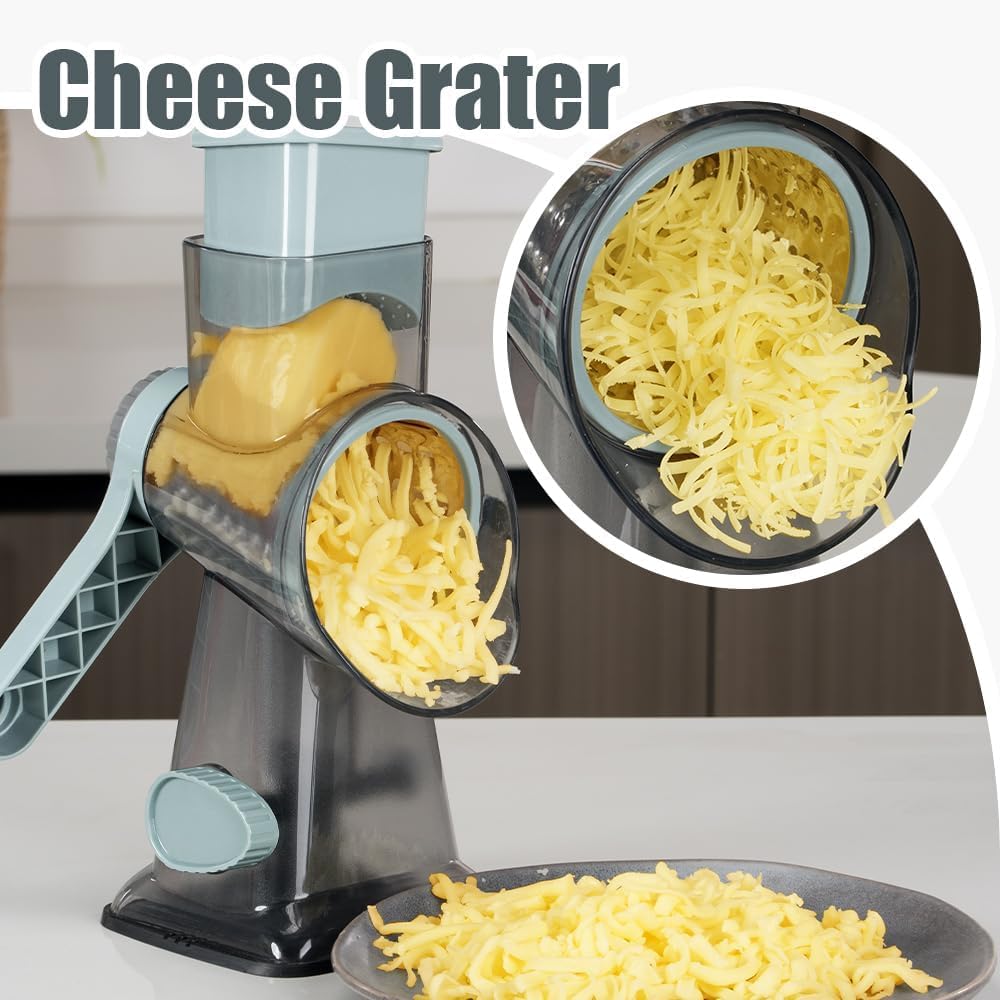 KEOUKE Rotary Cheese Grater Hand Crank Transparent - Shredder Slicer Grinder 3 Stainless Steel Blades, Stable Suction, Labor-Saving Handle, Safe