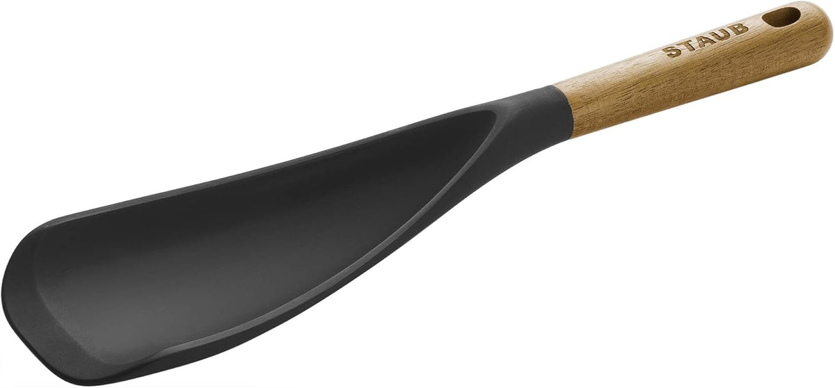STAUB Multifunction Spatula Spoon, Great for Both Cooking and Serving Durable BPA-Free Matte Black Silicone, Acacia Wood Handles, Safe for Nonstick