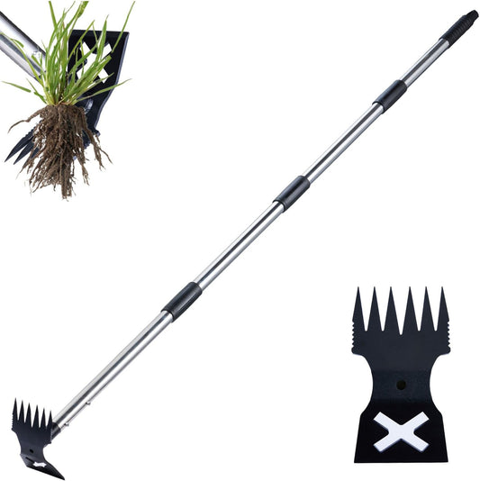 Weed Puller Tool with Long Handle - 60" Manual Weeder Remover Tool, 2 in 1 Hand Weed Rake and Garden Hoe for Gardening, Heavy Duty Uprooting Weeding