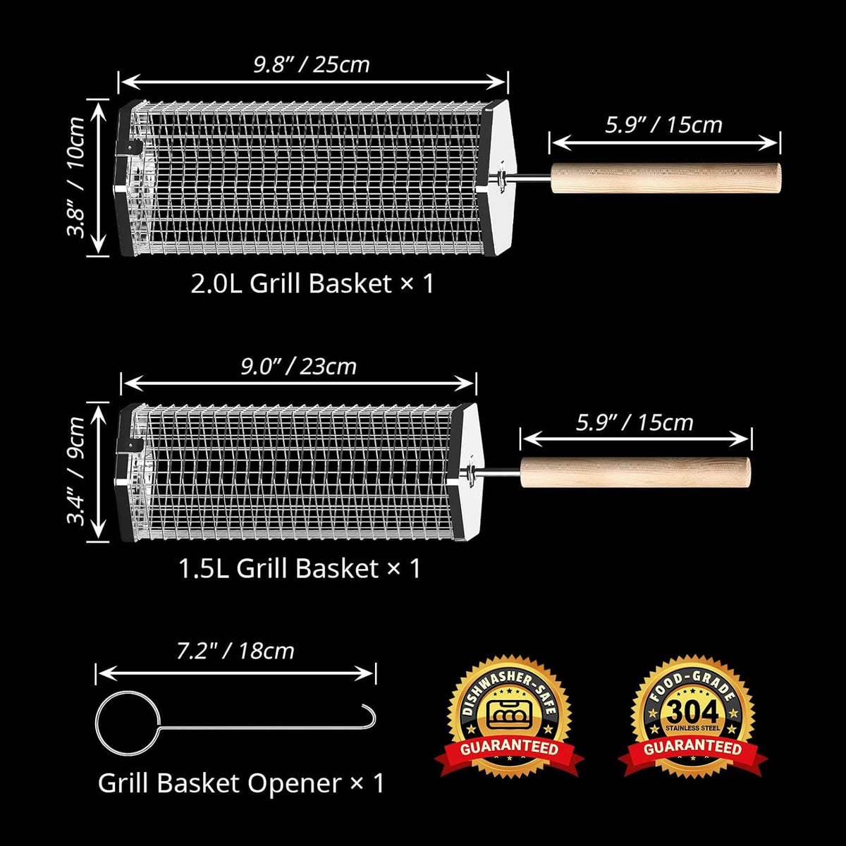 Rolling Grill Basket, Removable Wooden Handle, 304 Stainless Steel, Nesting Grilling Tools, Smoker BBQ Accessories for Vegetable, Outdoor Cooking
