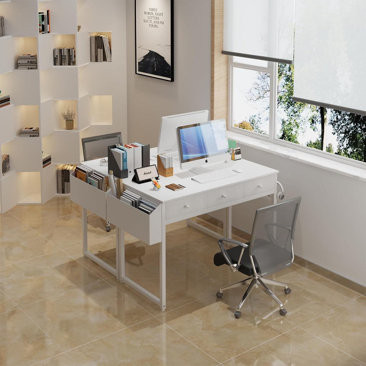 Lufeiya Small White Computer Desk with Fabric Drawers for Home Office Bedroom, 40 Inch Vanity Desk with Drawer Storage and Side Pouch, Study Writing