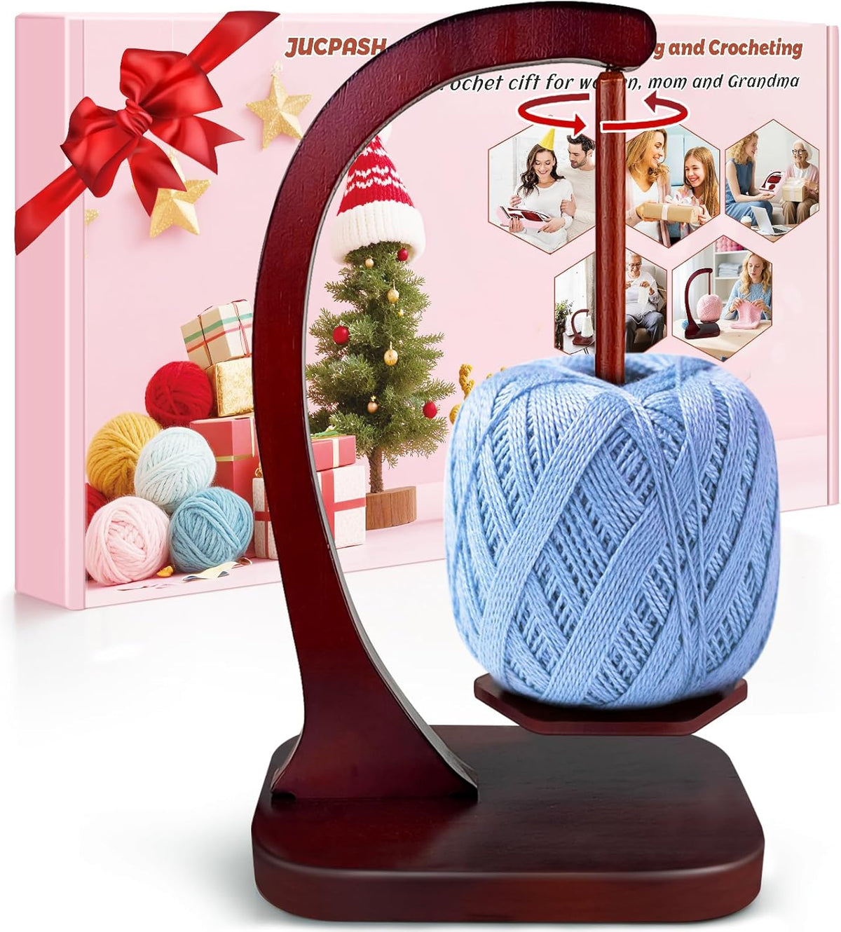 JUCPASH Yarn Holder for Crocheting and Knitting, Wooden Yarn Spinner with Magnetic Rotating Mechanism and Anti-Slip Pads, Crochet Gift for Knitting