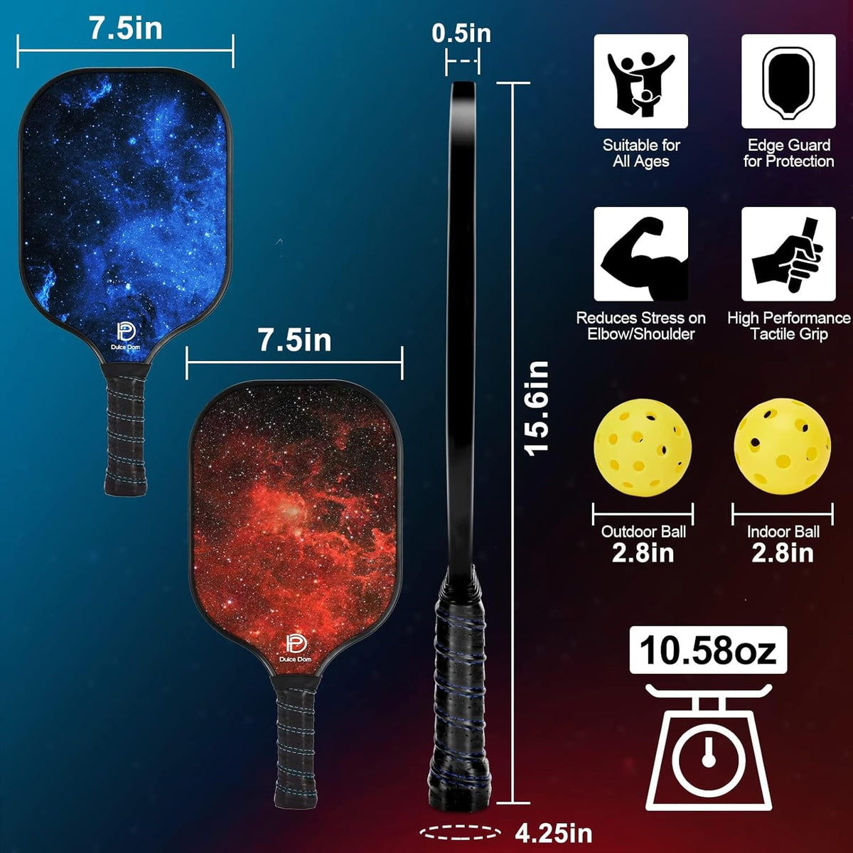 DULCE DOM Pickleball Paddles Set of 2/4 - USAPA Approved, Fiberglass/Carbon Fiber Pickleball Racket with 4 Indoor Outdoor Pickleball Balls and