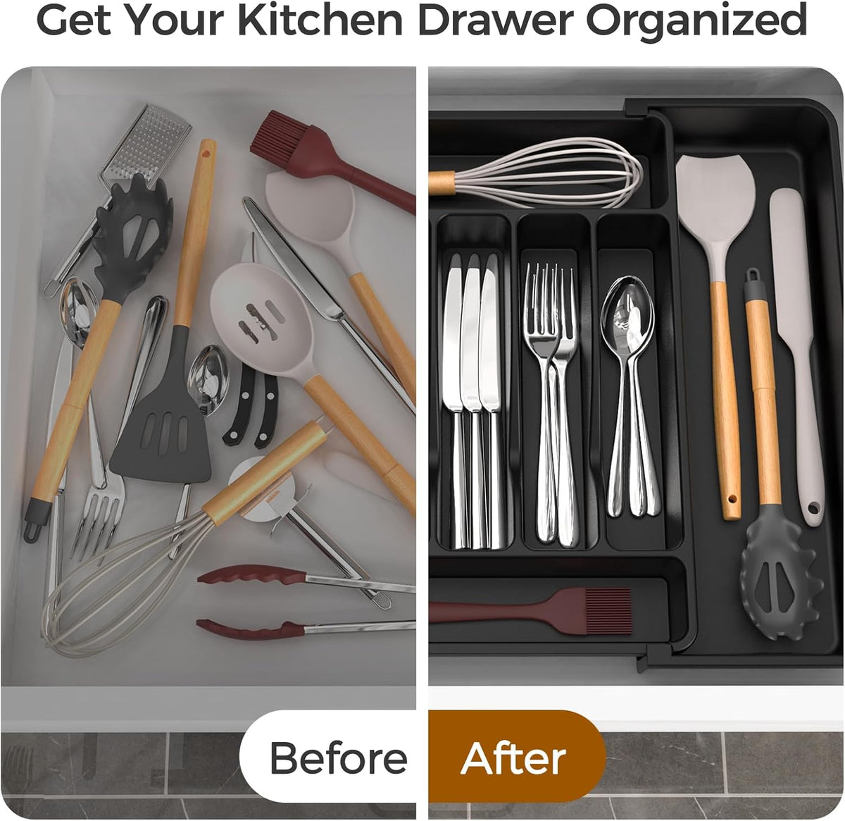 Extra Large Expandable Silverware Organizer, BPA-Free Food-Safe Cutlery Flatware Organizer, Kitchen Utensil Drawer Organizer, Adjustable Silverware