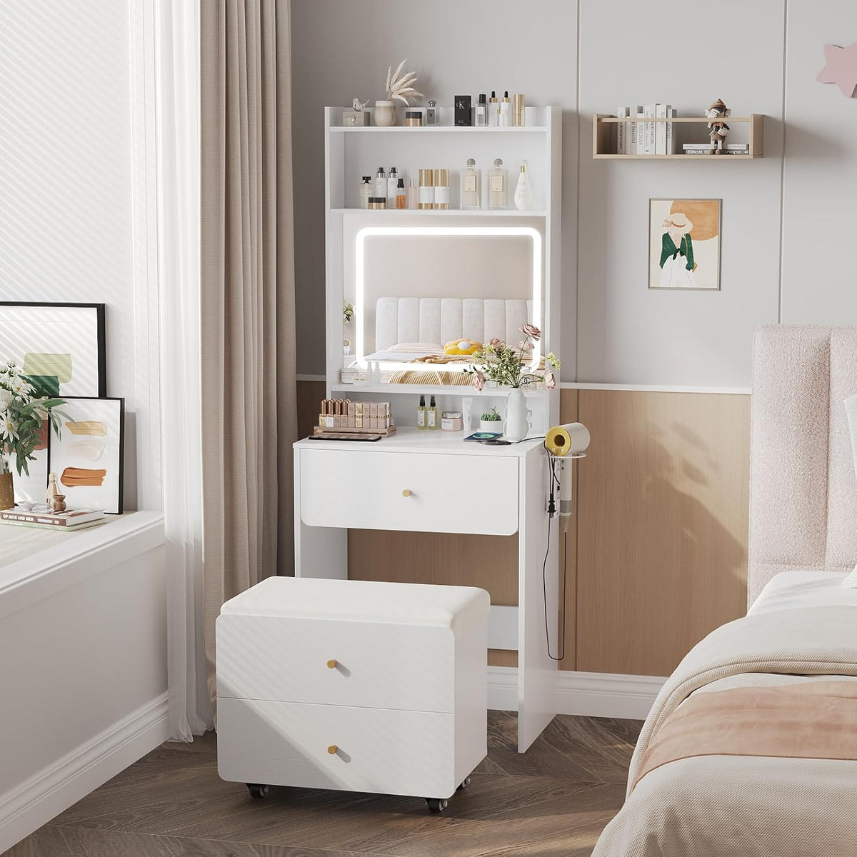 Vabches Make Up Vanity Desk with Mirror and Lights, White Vanity Table Set with Charger Station,Girls Small Vanity and Storage Chair
