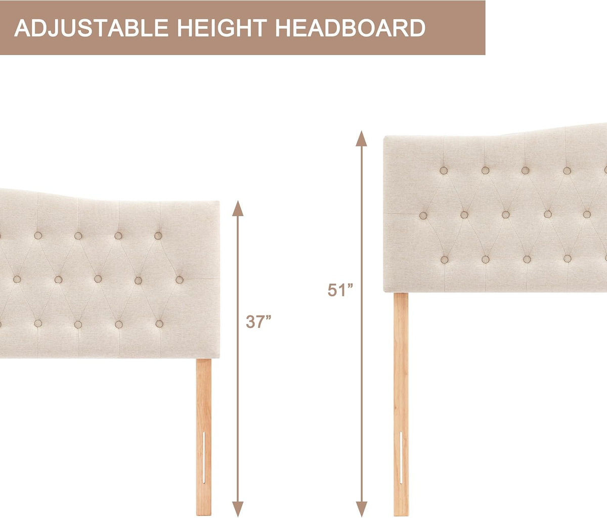 Tufted Upholstered Headboard Queen Size, Sturdy and Durable Solid Wood Bed headboard, Fabric Headboard Adjustable Height from 37” to 51”, Modern