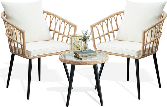 3 Piece Patio Bistro Set, Outdoor Wicker Apartment Balcony Furniture Sets, Rattan Table and Chairs Set of 2 for Porch Backyard Lawn Poolside Deck